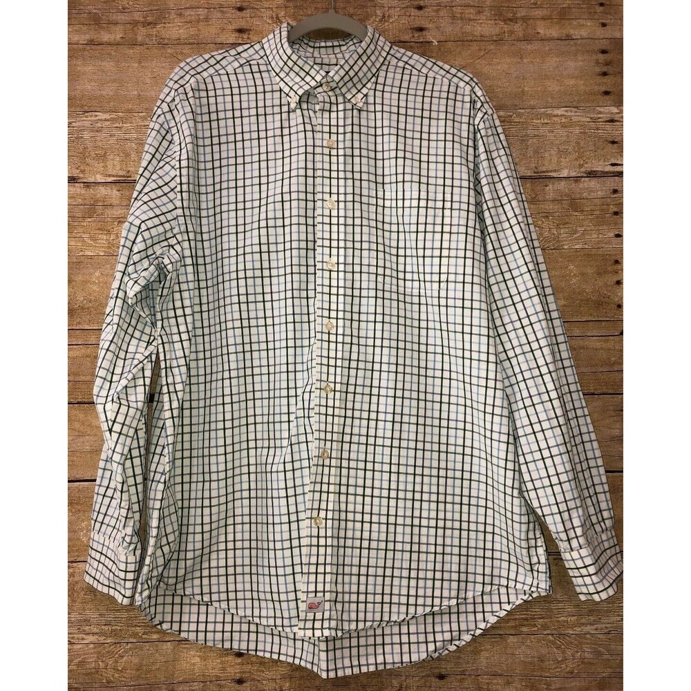 Vineyard Vines Mens Shirt Large Murray Plaid Check Blue Green Gray Long Sleeve